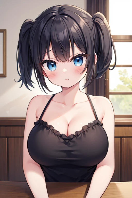 ((highest quality)),(ultra high resolution),(Super detailed),(detailed description),((best CG)),(best work of art),super precision art,amazing drawing art,(Fashion art with precise details:1.5), (adult women:1.6),(beautiful and well-shaped face:1.5),(big breasts:1.7),(((前屈みになり大きな胸をtableに乗せる:1.6))),(Short hair detailed and detailed:1.6),(sleeveless shirt:1.7),earrings, table:1.4,vase