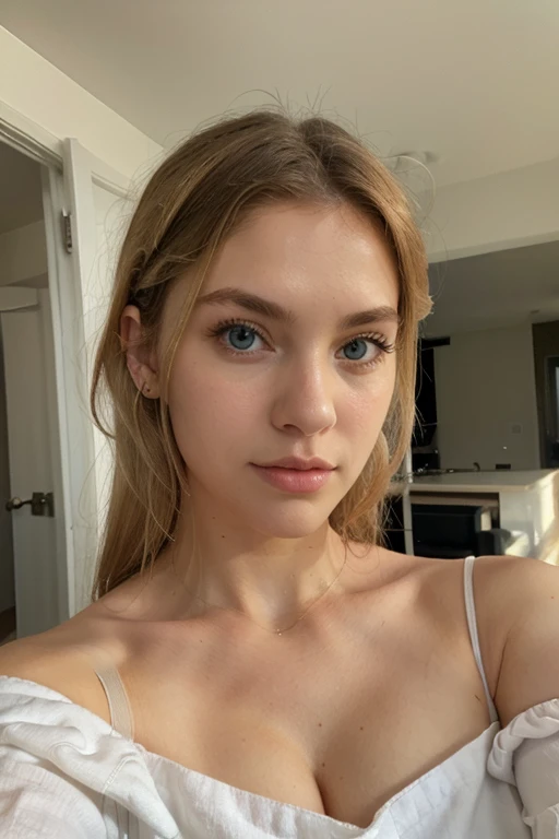 a beautiful blonde girl with brown/green eyes, lying on her bed, taking a selfie with an iPhone, detailed facial features, flawless skin, natural lighting, warm tones, photorealistic, 1girl, detailed face, high quality, 8k, masterpiece, realistic, detailed eyes, detailed lips, beautiful skin, natural lighting, warm colors, bedroom, bed, iPhone, selfie