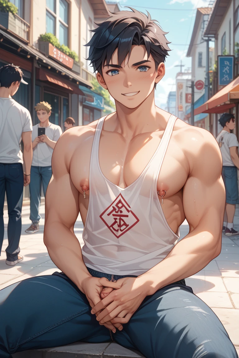 A Korean man, Slim body , Pale Asian skin, good eyes, Detailed body,massive bulge， Detailed face, Wear white thongs, Bare lower body, Good outdoor lighting, A cool pose, Good expression , Sexy but cute, No beard, ,Only thongs, A handsome face like a K-pop idol, Topless