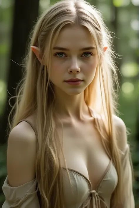 (Realistic:1.4), full nude photo of 18 years old elf ranger in the forest, pale curly disheveled hair, delicate features of a thin face, cute sexy, perfect full body, Fantasy style, 8K, proffesional photography, Hi-Def, lifelike skin, Without cosmetics, background of the Middle Ages, The sun shines its rays through the treetops, bokeh