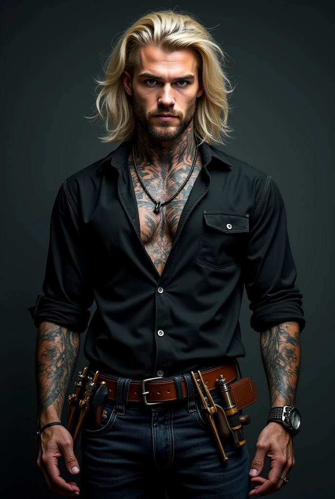 A man with tanned skin, long silver hair, eye color baby blue