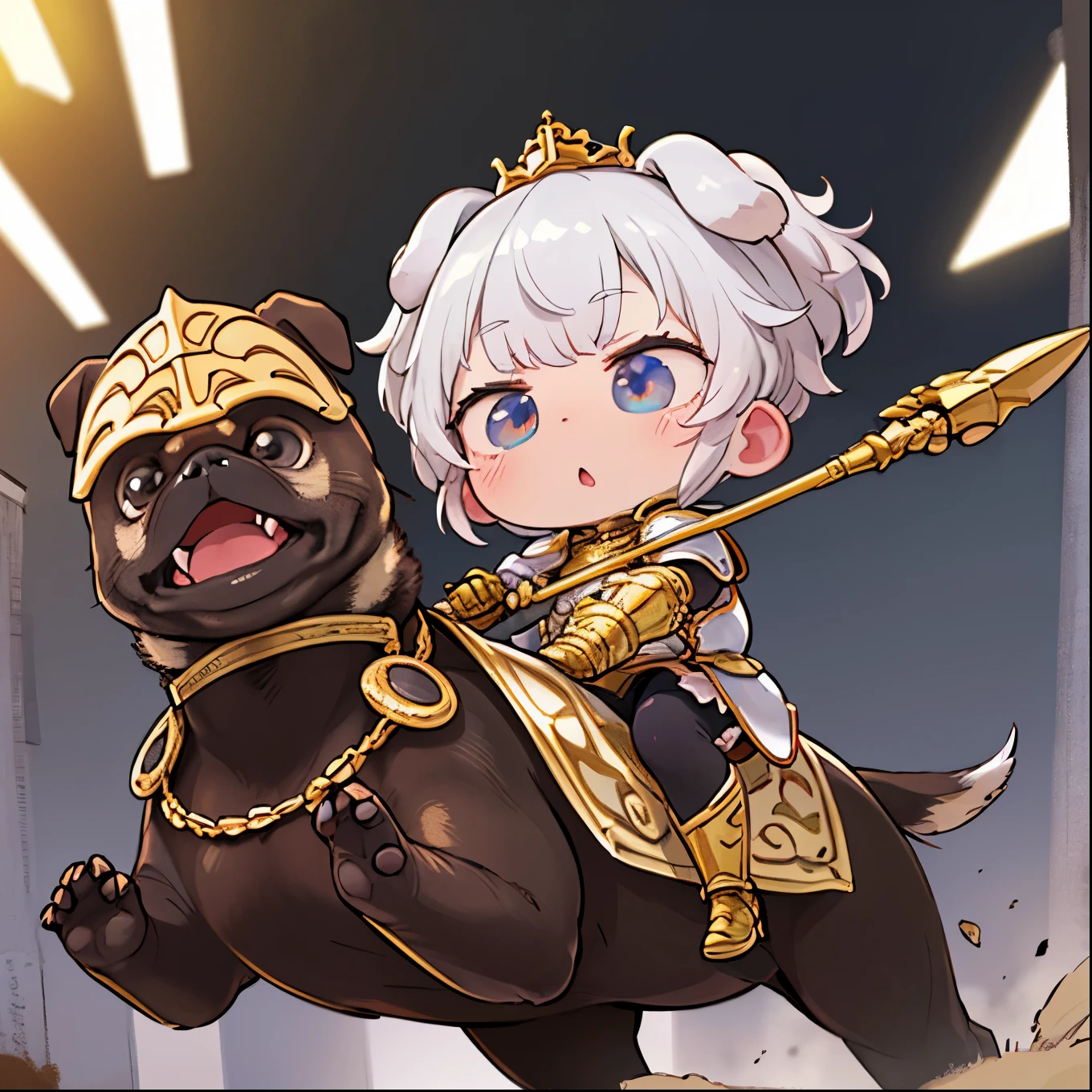 masterpiece,high resolution,top-quality,top-quality real texture skin,surrealistic,increase resolution，best quality，wallpaper,cinematic lighting， Raytrace ， golden ratio,)，( chibi:1.3，cute, cute, Gold,floating hair，Knight，white armor，bow spear，Cavalry attacking enemies riding armored pug dogs，Riding an armored pug dog)，#background(outside，On the battlefield)，