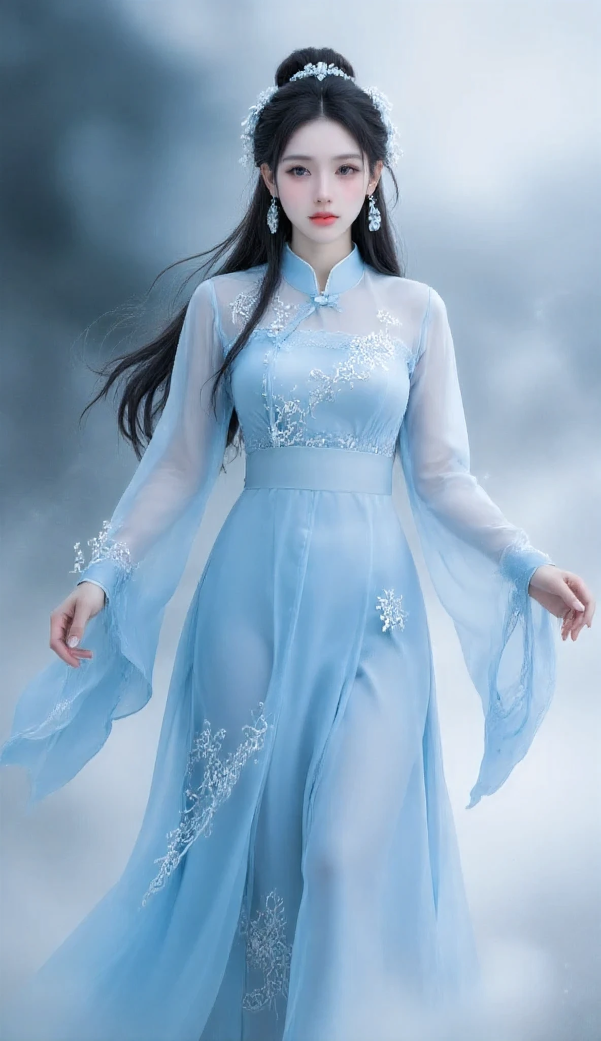 masterpiece, best quality, 1girl, elegant cultivator, wearing a light blue traditional Chinese robe, made of sheer and flowing silk fabric, with delicate cloud and floral patterns embroidered on the collar, cuffs and hem, loose - fitting sleeves, standing gracefully, dynamic posture, light and airy, long hair, part of it styled into an updo with a hairpin, the rest falling naturally over shoulders, decorated with a delicate hair ribbon, gentle and serene expression, in the style of Chinese ink - wash animation, highly detailed, 8k resolution, soft lighting