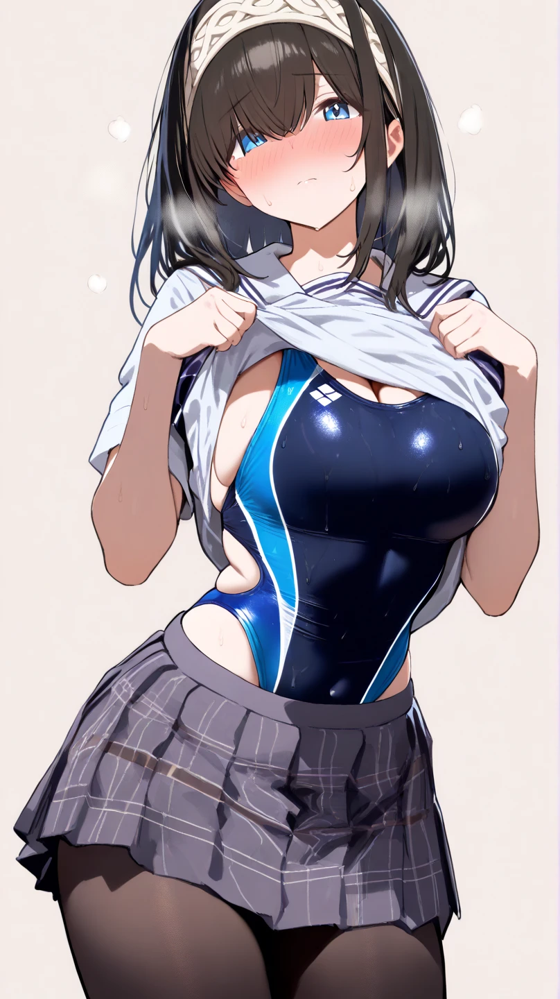 (masterpiece、Highest quality、Very detailed))、One Girl、Black Hair、short hair、Twin tails、Blunt bangs、Wavy Hair、Grey Eyes、((Open your mouth))、((Cum on tongue))、((Lots of earrings))、((Very large breasts))、((navy blue school swimsuit, side White line))、Cleavage、Off the shoulder、((Thick waist))、Thighs、Kneel、On the bed、Bedroom Background、Sideboob、はみ出したおっぱい