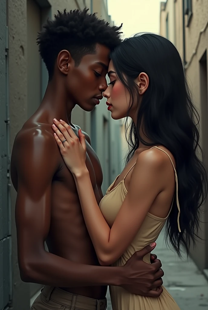 Curly-haired dark-skinned teen with a press in his underpants kisses a white boy without a T-shirt and with a short haircut 