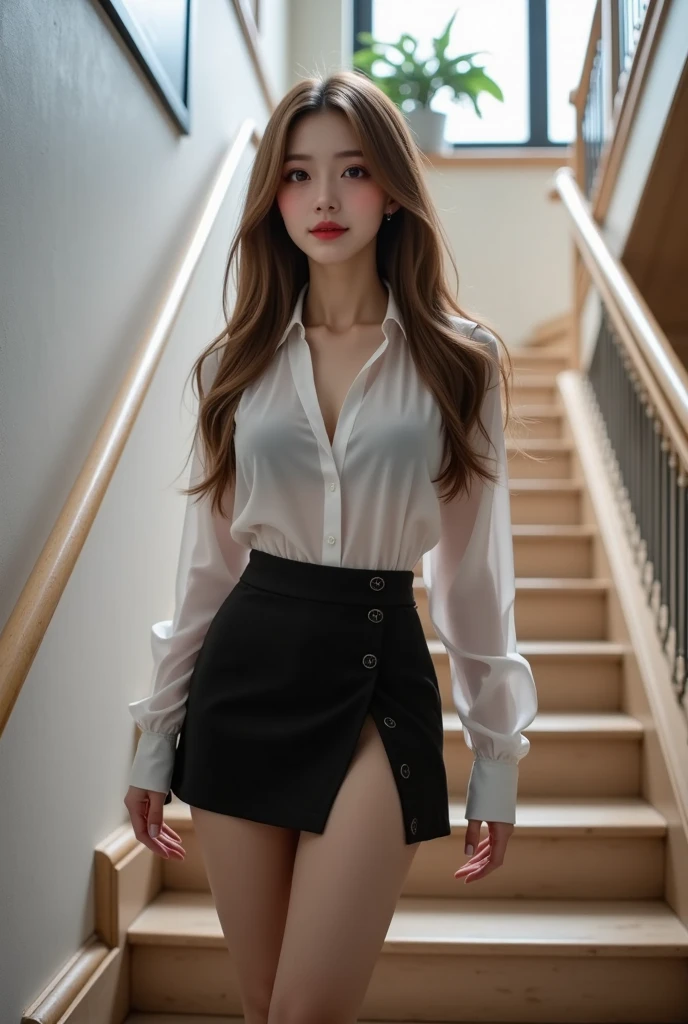 Old streets and alleys of the city,eventide,Beautiful age girl,Slightly fat,busty figure,Bigchest,Women's careers in business,white shirt,Skirt that wraps hips,(((Black silk pantyhose))),Exquisite facial features,sharp focus on eyes,Against the wall,super-fine,8K分辨率,Best picture quality,high qulity,Photographic film effect