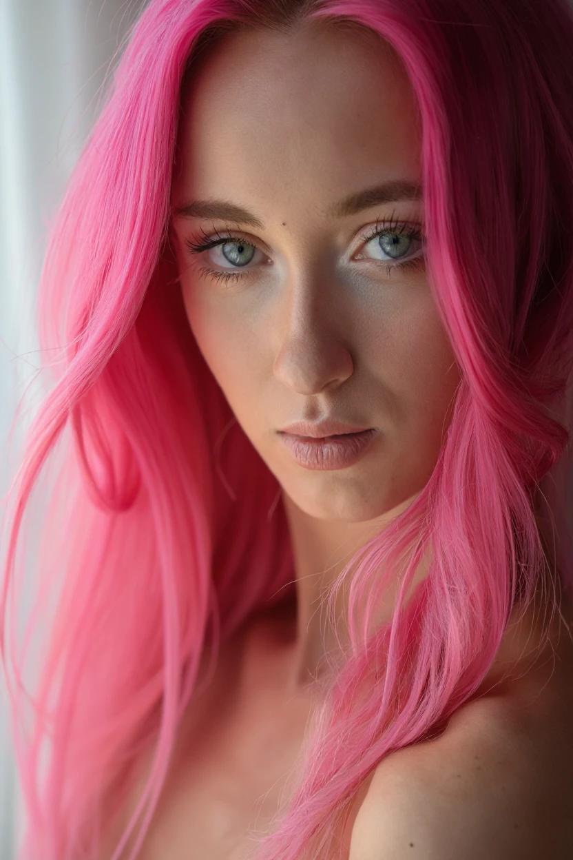 make a girl with pink hair and blue eyes in diffrent sexy positions, só usando calcinha.