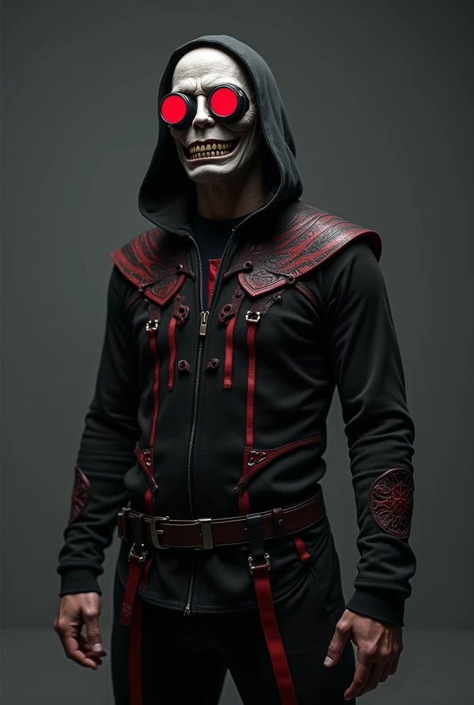 Character card, "front, side and back poses", full body, man with skull head "death", black hood with red stripes, black leather jacket, liced ​​pants, white boots, gray knee pads with pimples, deep eyes and red, athletic "muscular" body, gloves, oz
