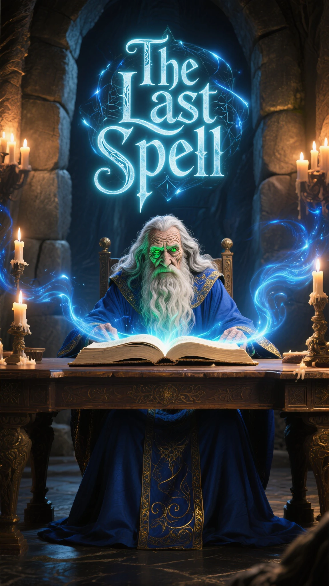 A cinematic movie poster featuring an An elderly wizard with deep wrinkled skin, piercing emerald green eyes and silver-striped hair flowing over his ceremonial azure blue robe. The wizard sits at a grand ancient desk in a candle-lit stone chamber, an open glowing spellbook in front of him. Magical blue and gold lights swirl around the wizard, casting dramatic shadows. The film title "The Last Spell" appears as glowing magical runes above the book, seamlessly integrated into the scene, with magical light illuminating the letters. The atmosphere is mystical, epic, and enchanting, in ultra-high detail and digital realism, with a strong cinematic composition. Style: Realistic 