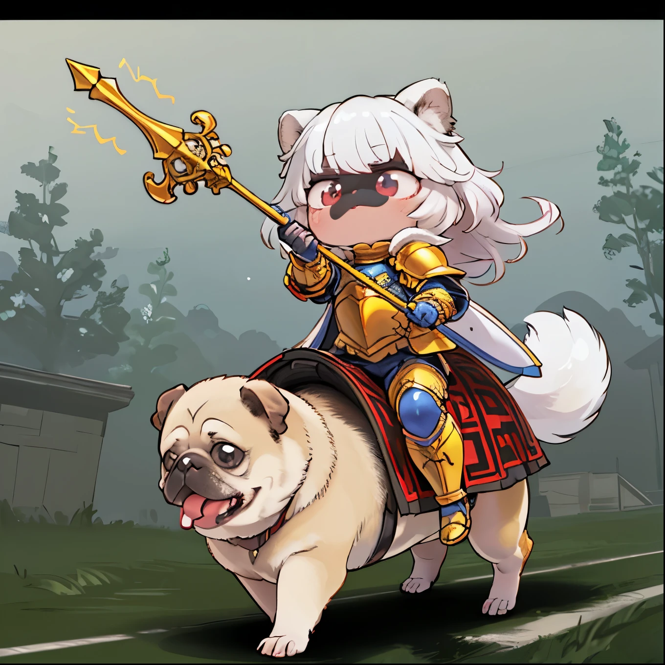 masterpiece,high resolution,top-quality,top-quality real texture skin,surrealistic,increase resolution,best quality,wallpaper,cinematic lighting, Raytrace , golden ratio,),( chibi:1.3,cute, cute, Gold,floating hair,Knight,white armor,bow spear,Cavalry attacking enemies riding armored pug dogs,Riding an armored pug dog),#background(outside,On the battlefield),