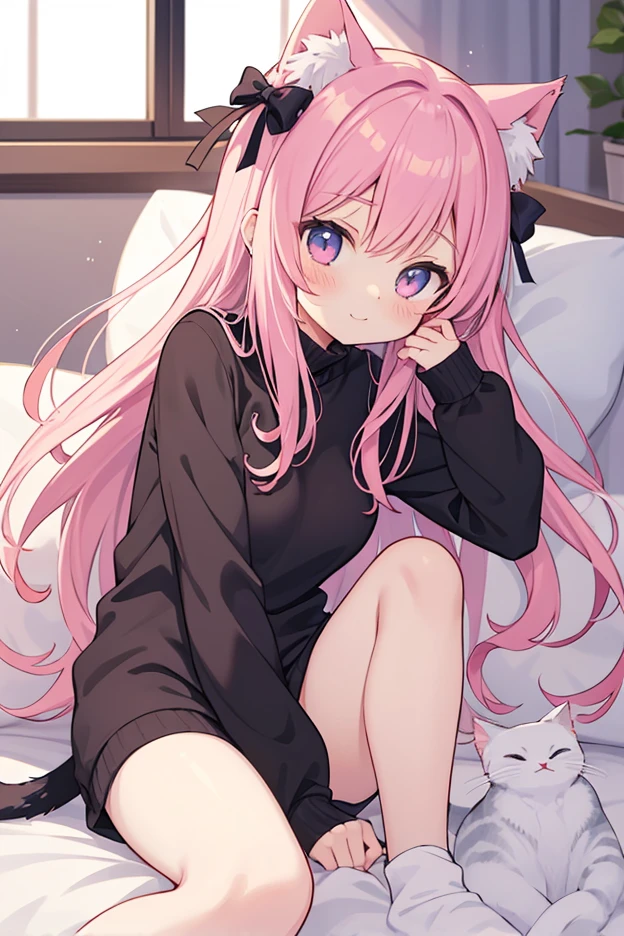 Neko anime boy kissing his boyfriend, in bed, blushing, cat ears, cat tail