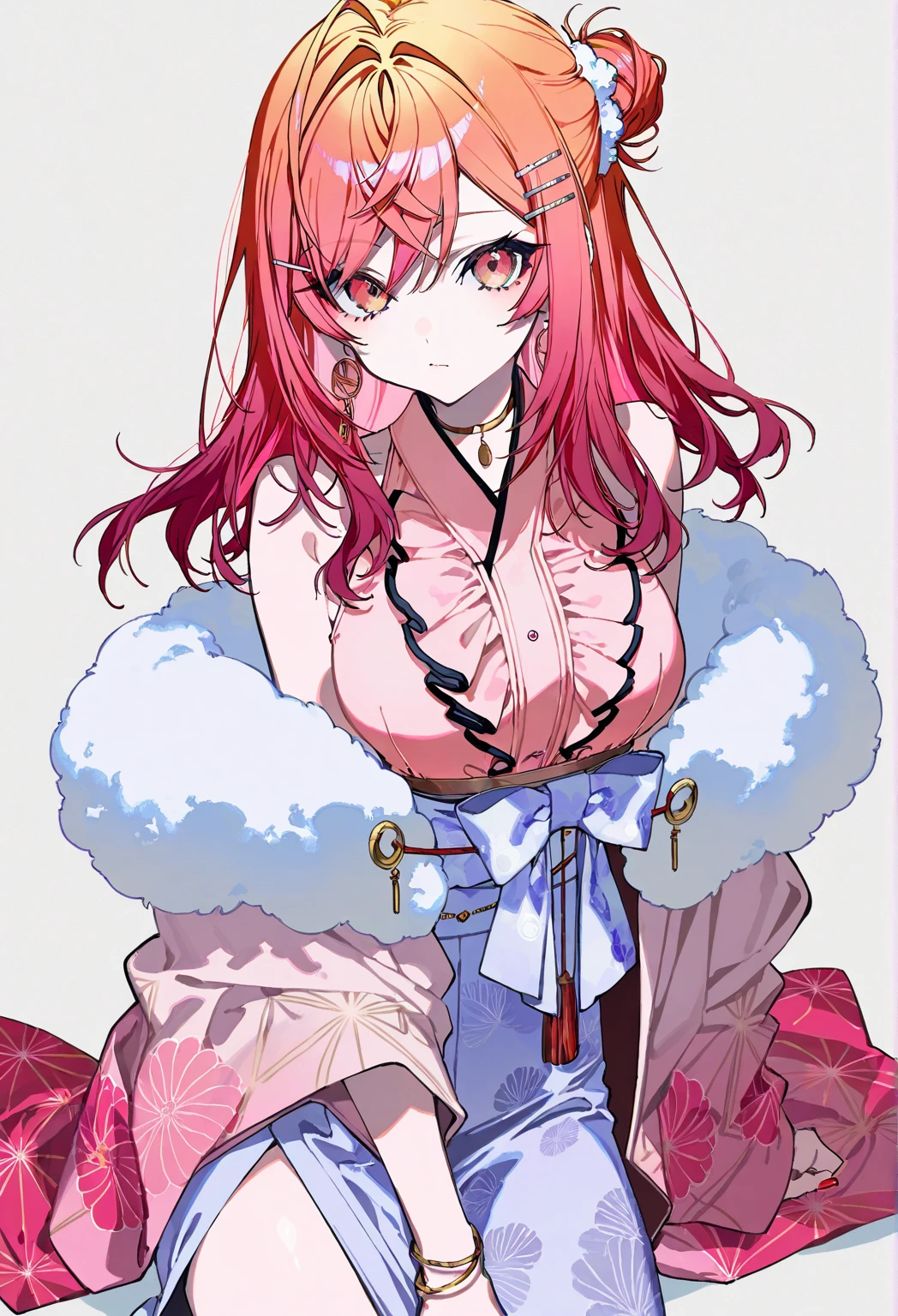 (Ultra-high resolution,masterpiece, Attention to detail, Highest quality), 8K,(CCMARINE, PONYTAIL, HAIR BOW, HAIR FLOWER, WHITE BOW, heterochromia, DETACHED COLLAR, BARE SHOULDERS, OFF SHOULDER, CLEAVAGE, JAPANESE CLOTHES, WHITE KIMONO, DETACHED SLEEVES, WIDE SLEEVES, SASH, obi, THIGHHIGHS),(Blessed,Captivating body、Ultra-detailed skin、Super beautiful eyes、Detailed Background),One girl、 (breasts_on_Glass,breast press, against Glass, hands on Glass:1.5),window fog, embarrassed, (white background:1.7), (from front:1.3),(perfect hands), huge breasts
