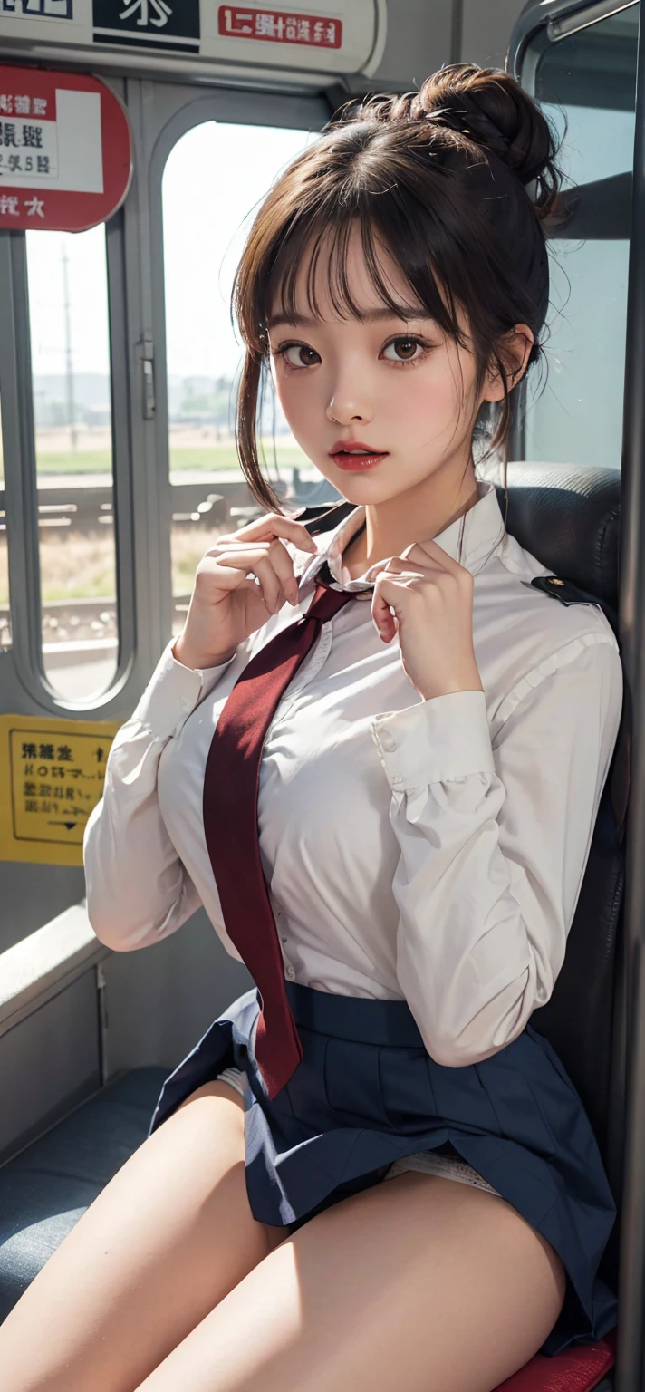 ((table top:1.4), (highest quality:1.4), (realistic:1.7), beautiful girl, 超beautiful girl, ((1 girl:1. 4), Radiant natural skin texture, author: Written by Luis Royo, 19 years old, (cute tattoo:1. 4), (upper arm: 1.4, two legs: 1.4), (perfect female body: 1.4), (perfect female body: 1.) 4), girl portrait photography, close up photo, upper body photo, fantasy art, soft front light, beautiful expression, cute face, beautiful breasts, big breasts: 1. 2, beautiful butt, fine eyes, Clear and eye-catching, beautiful and attractive, beautiful eyes, thin waist, RAW photo, red lips, long hair (high school girl), (white suit jacket), (translucent shirt), (red bow tie) (checked skirt) 1 screen view, (Woman lying on train seat), (sexy posture), (milky way in the sky), (No bra), (White lace panties visible), (Cover your panties with your hands) ), (Push down the skirt),((close your eyes))