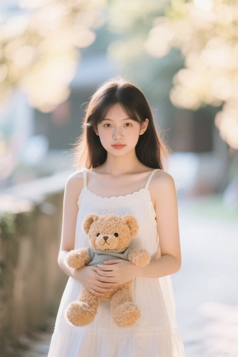 mugglelight, there is an asian woman holding a teddy bear in her hand, 1girl, solo, looking at viewer, food, sunlight, fruit, black hair, backlighting, holding, brown eyes, holding food, upper body,