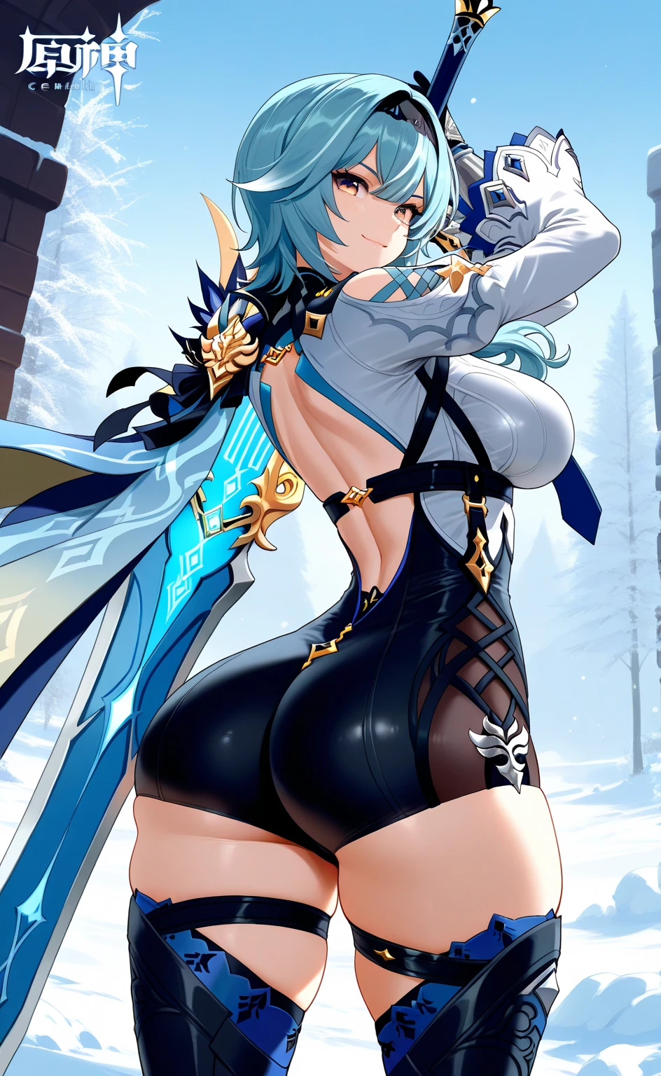 ((best quality)), ((official art)), ((masterpiece)), textile shading, ((ultra-detailed)), solo, full color, (1girl, solo, bssmsuperoutfit, circlet, white leotard,,blue sailor collar, sleeveless, heart brooch, miniskirt, white gloves, hairstyle, hairlength , detailed face, (full body:1.1)), (in nature) (best quality, highres, ice skull:1.1), ice skull, girl style, thick body art, detailed facial features, icy blue eyes, glossy lips, long eyelashes, porcelain skin, blue and silver color scheme, intricate skull design, realistic texture, vibrant colors, elaborate background, mysterious atmosphere, frozen garden, snow-covered trees, sparkling ice crystals, surreal lighting, fantasy elements