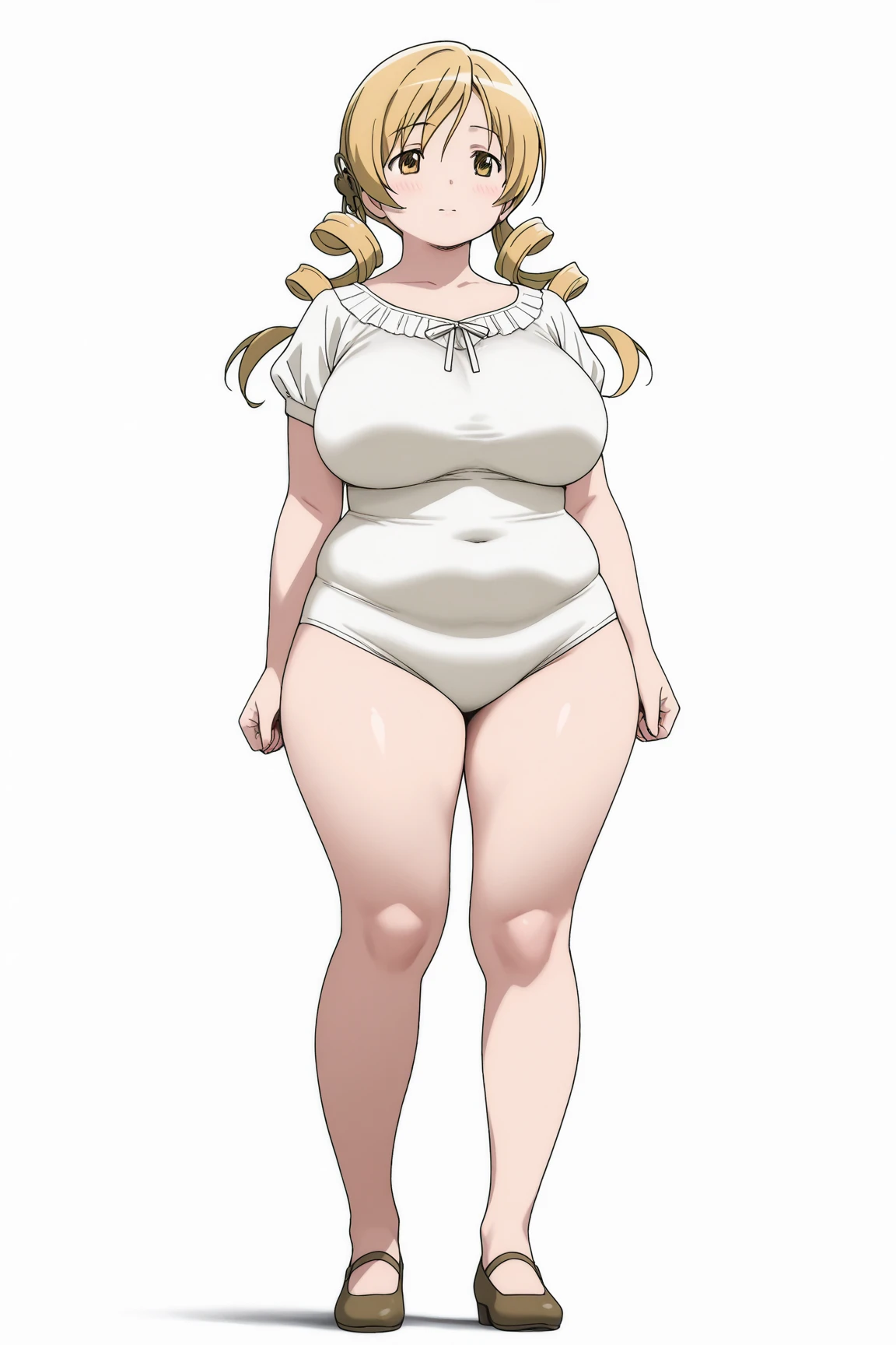 masterpiece, highest quality, High resolution, One girl, solo, sexual intercourse, Pornographic images, short hair, etsukoto, brown Eyes, fine grain, fine grain, (((Thick thighs, Plump thighs, Voluptuous thighs, Thighs alone are enough))), Huge and ample breasts, Cleavage, big long breasts, Naughty big,((big breasts are important))、((Naughty thighs)), L Cup, (thin:1.4),(Tight waist:1.4),  (yellow dress:1.4), smile, ((white waist apron)), white panties,  (((Simple Background))), ((Wide Hips)), Shiny, Oily skin, Mature mother, Calf, Seductive mature woman, milf, Perfect body, Plus Size Model, curvy, ample, etsukoto, blush, clavicle, retro artstyle, 1990s (style), (thick thighs:1.4), Bare legs, (from side:0.8), full body, feet, nsfw,