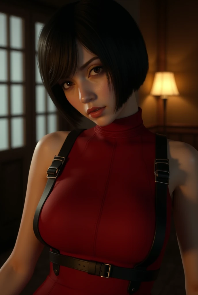 a woman, ada wong, in red dress, apocalypse, trending on artstation Unreal engine, Octane render, Photorealistic, Hyperrealistic, Sharp focus, (Horror), dark, creepy, bloody, scary, , room, bed, grabbing ,  out, , looking at viewer, covered navel