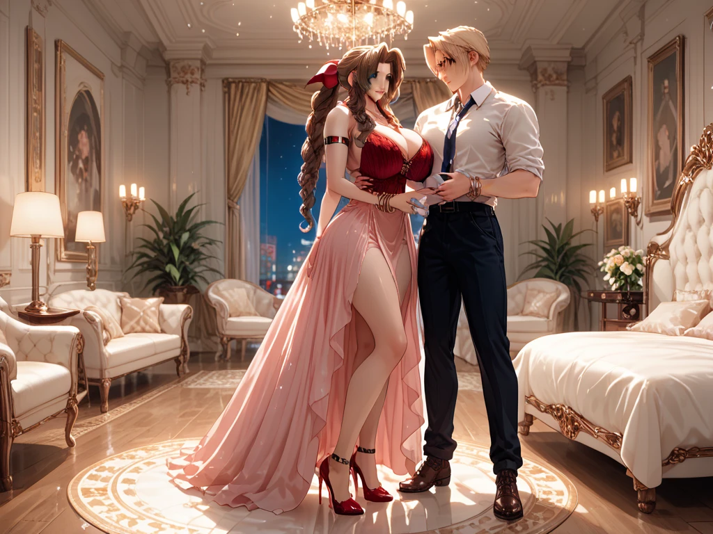 ((Highest quality)), ((masterpiece)), (detailed), ((a mature goddess and a young man)), long shiny light brown hair, a long red dress, open mouth, medium breasts, he sofa, living room, embarrassed, in heat, happy, Open legs wide, sweat, ecstasy, (imminent kiss), bare feet, (incoming kiss), closed eyes,