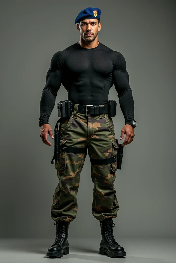 (Masterpiece), Best quality, expressive eyes, perfect face, slim, photo realistic, bondage and BSDM style, a handsome young Latino, short hair, shirtless, in six-pack, wearing tight olive green camouflage pants, (black boots) (military boots), steel harness, tied with ropes, by the arms and neck, hanging from the ceiling, in a room, in a house.