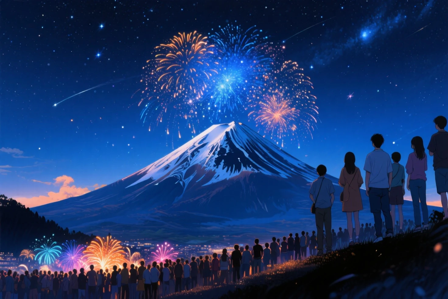 A father and his little daughter, enjoying fireworks in the night sky of Japan, Mountain Fuji is background, New Year event, candid photography, happy moment, best quality, 16k, ultra realistic, photorealistic, Realism, Portrait, New Year Celebration, from behind, aw0k euphoric style,