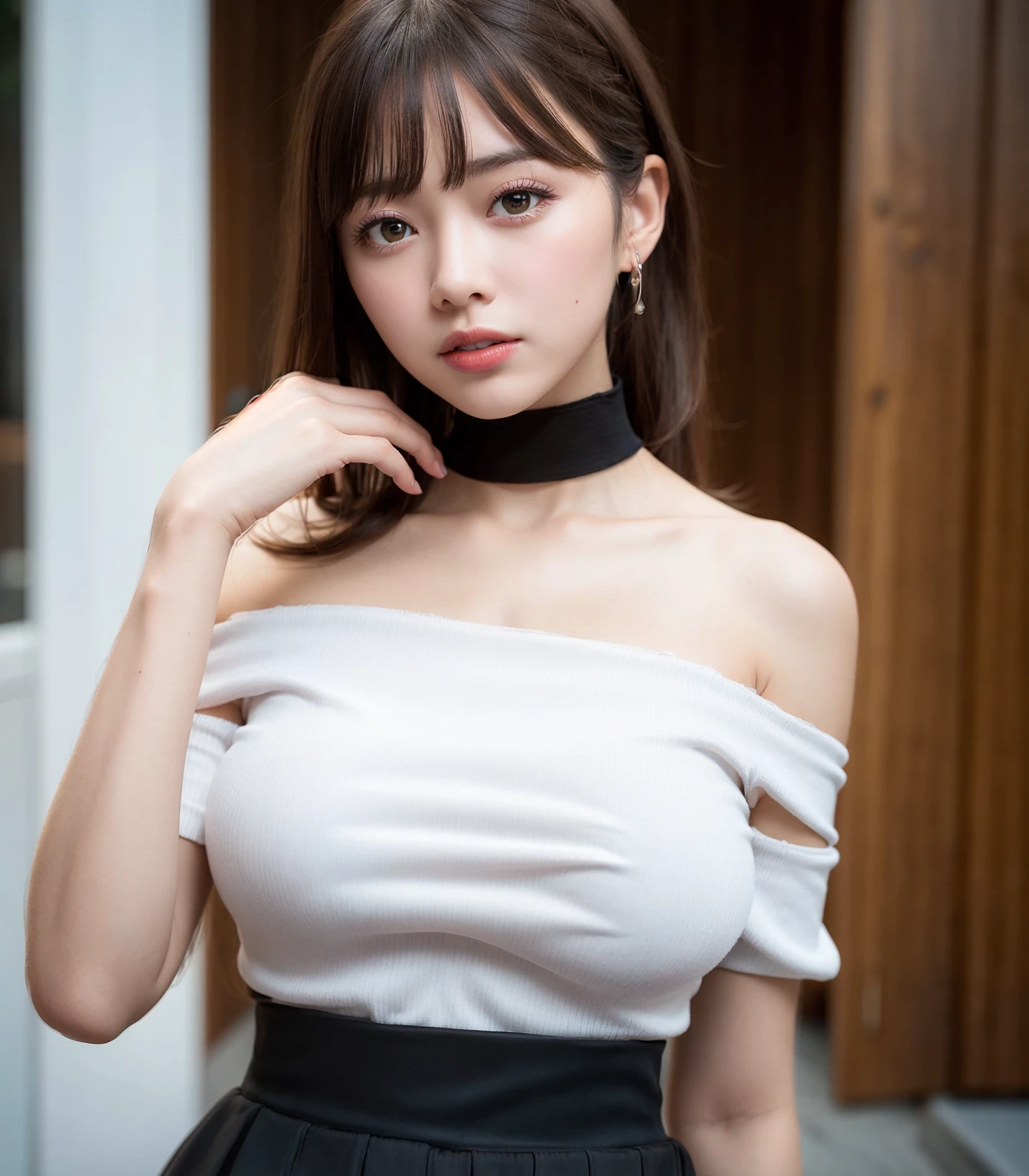 highest quality, Ultra-high resolution, (Realistic:1.4), One girl, off-the-shoulder white shirt, Black tight skirt, Black choker, (Faded grey hair:1), (Huge breasts:1.2), View Viewer, close ,