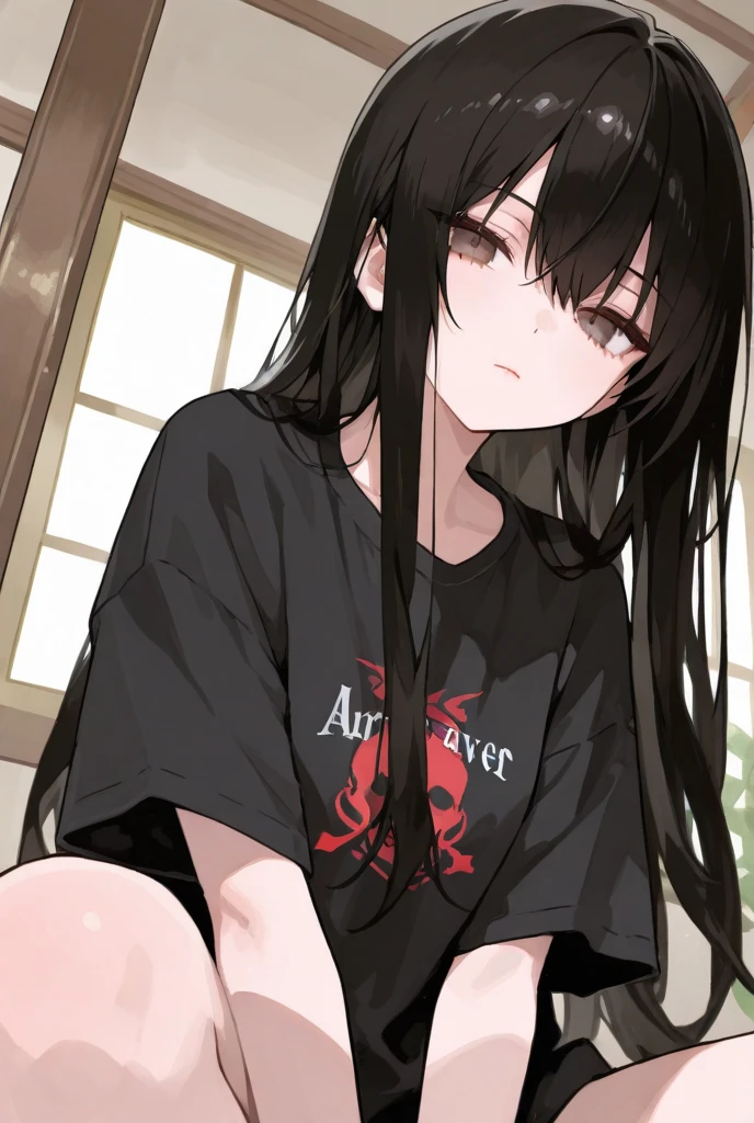 idolmaster idolmaster shiny colors 1girl smile eyes eyelashes rating:_Explicit erere 1girl sitting, black_shirt, short_shorts, black_hair, long_hair masterpiece, best quality, great quality looking_at_viewer, purple_eyes facing_viewer hetero solo full_body
