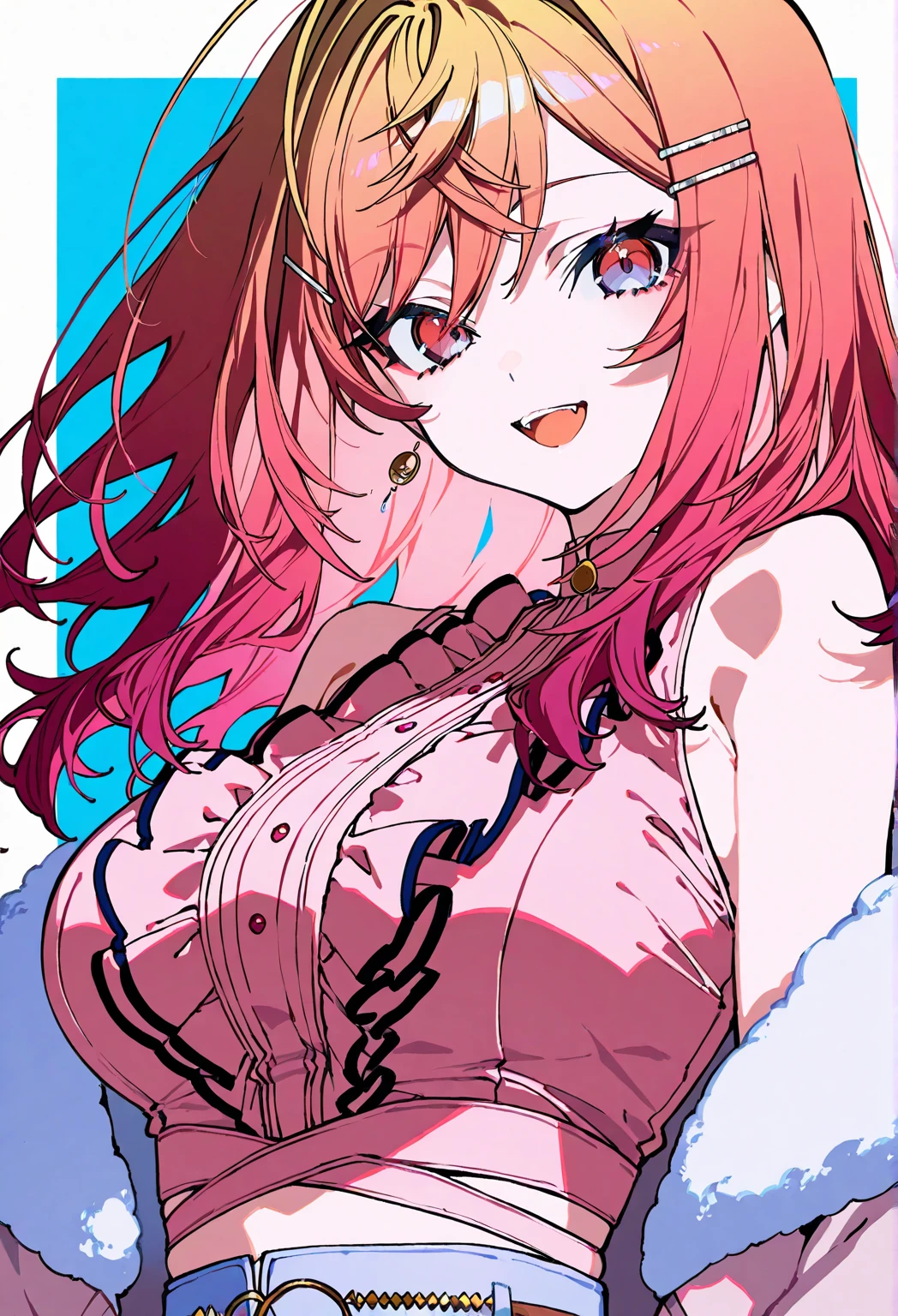 masterpiece, kawaii, Cute,1 girl, medium hair, twintails, deep red hair, purple eyes. Her outfit is fluffy and soft, With decora accessories like hair clips. She embodies a vibrant and trendy Harajuku fashion style. medium breasts, sky