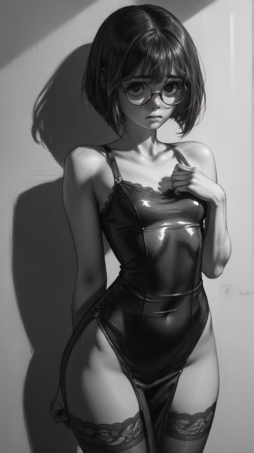 girl, facing the viewer, black and white, Top Knot Hair style, round glasses, geek accessories, collar, geek style, nude, naked, hard nipples, small breast size, confident gaze, monochrome color scheme, looking to the side, sensual pose, naugthy expression, head,((a person)),cat ears headset, hairpin, open legs, sweating body, body full of cum, pee, cum on crotch