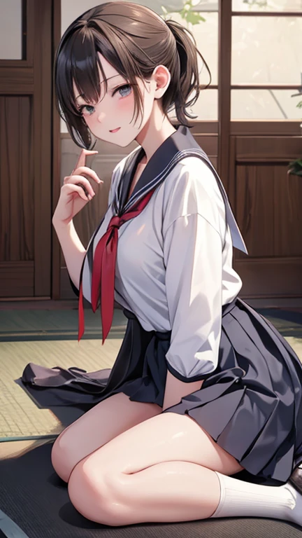 Kanao Tsuyuri, Kanao Tsuyuri, black hair, butterfly, butterfly hair ornament, (purple eyes:1.1), side ponytail, ponytail, NFV,
BREAK black skirt, e.g, Demon Slayer Uniform, long sleeves, pleated skirt, skirt, white e.g,
BREAK looking at viewer,
BREAK indoors, dumb room,
BREAK (table:1.2), Best quality, A high resolution, Обои Unity 8k, (illustration:0.8), (beautiful detailed eyes:1.6), very detailed face, perfect lighting, very detailed computer graphics, (perfect hands, Ideal Anatomy),masterpiece,A high resolution,Ideal Anatomy,Cinematic lighting,anime keyvisual,beautiful detailed eyes,Best quality,unity 8k wallpaper,super detailed skin,White skin,White lace panties,knees up,upskirt, touch your breasts with your hand, upskirt видно жопу