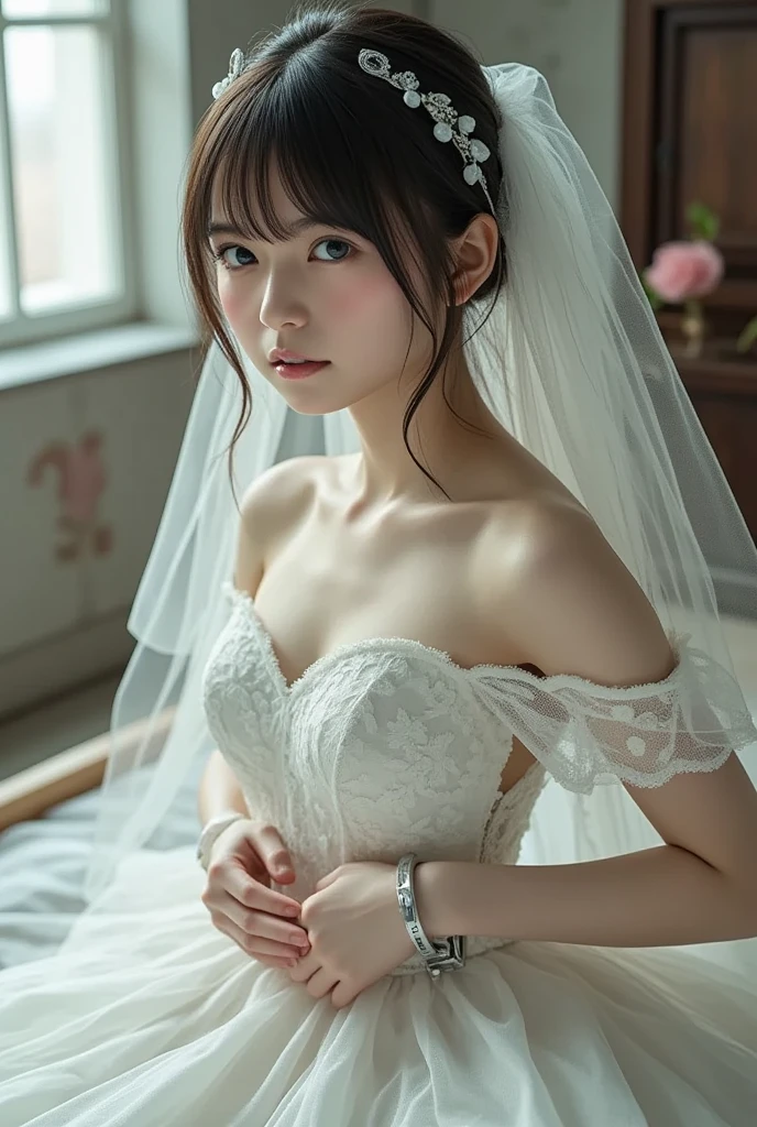(41k4:0.75), (aika-sawaguchi:0.4), masterpiece, Best Quality, 8K, Raw photo, (wearing wedding dress:1.5), (kneeling in front of viewer:1.2), top-notch quality, masterpiece, (exceptionally detailed RAW color photo, professional-grade photograph, (rope bondage:1.2), (wearing white lace choker:1.2), (tied up with rope), (Realistic, Photorealistic:1.37), (highly detailed skin:1.2), Ultra-high resolution, (lens 50mm), (masterpiece, top-quality:1.3), (hyper realistic:1.35), (Photorealistic:1.45), (Realistic:1.4), (facing viewer:1.5), (looking at viewer:1.4), solo, (1 pretty Japanese girl), 21 years old, Japanese idol, supermodel, pale skin, (slim:1.3), (slim body:1.25), (slender body:1.25), (narrow waist:1.25), pretty face, (large breasts:1.15), (deep cleavage:1.2), gravure idol
