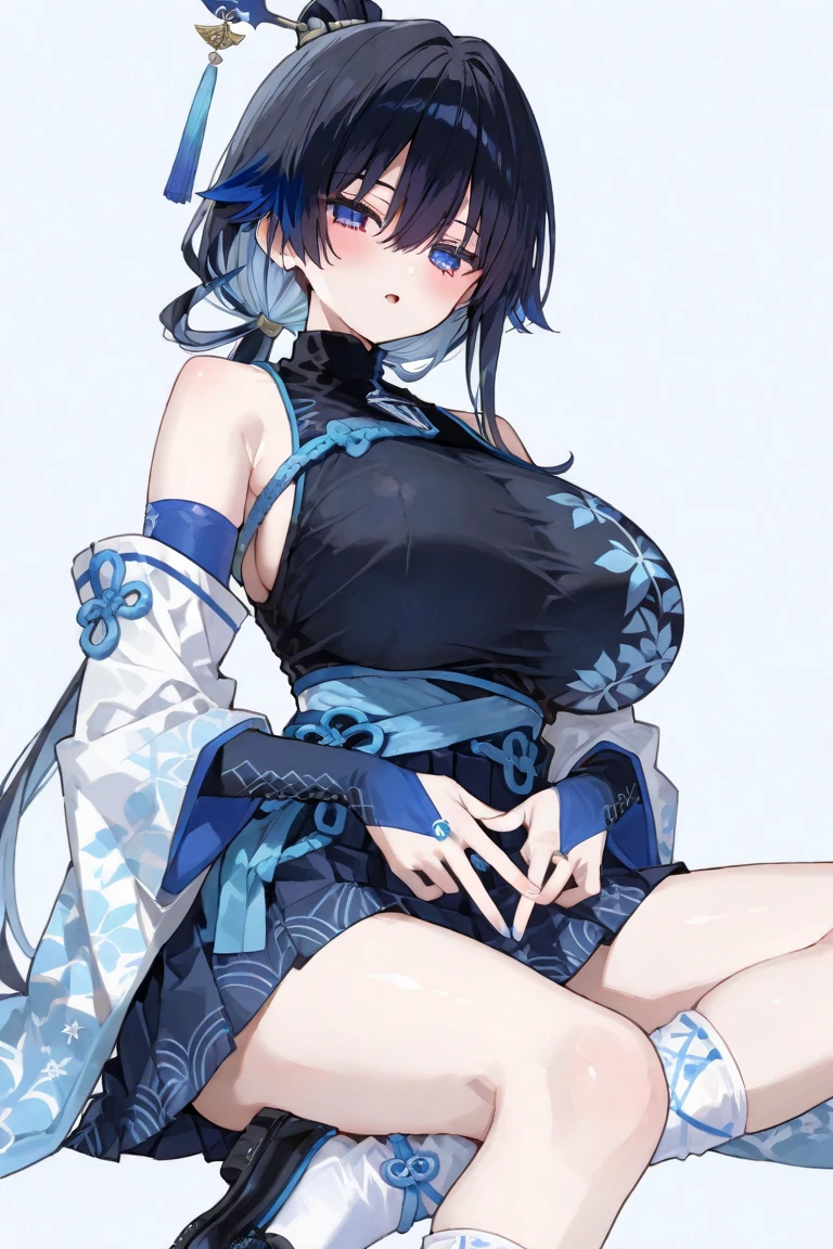 One cute short kitsune girl with black hair and blue eyes. She has , wearing back and blue kimono.