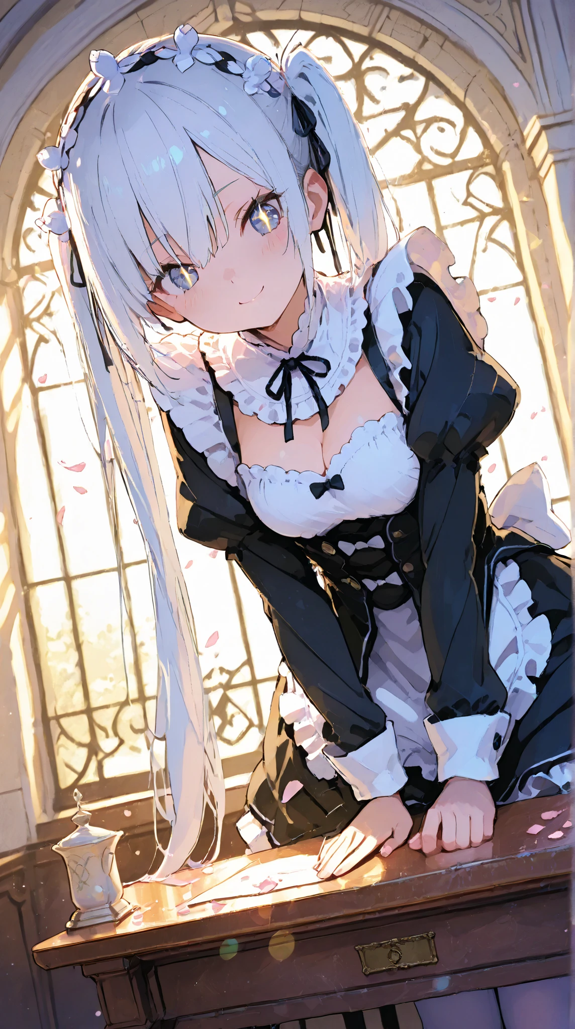 Silver Hair、Blue Eyes、girl、Small breasts、Twin tails、girl、Small breasts、ta、Bright smile、Looks about 15 yan Musume、He is short、目のhighlight、Sexy thighs、Rose Garden、Colorful roses in abundance、Mine-based costumes、Your eyes are so beautiful、highlight