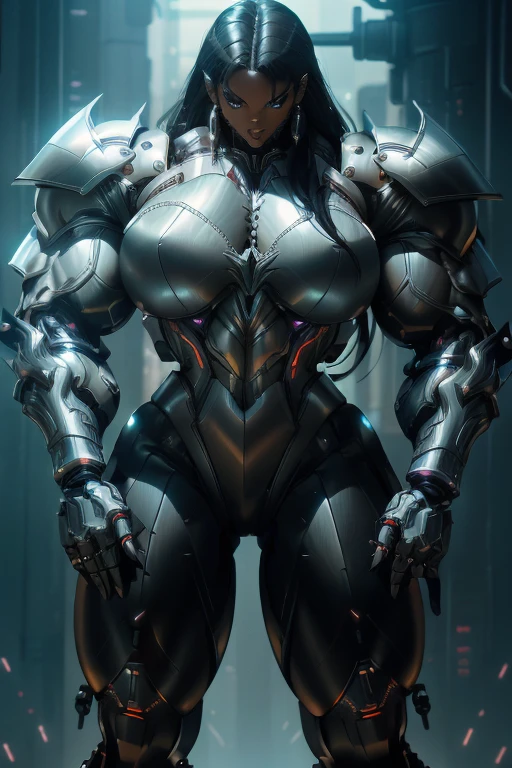 ((Close-up)), tall, (black hair) beautiful muscular woman, long straight hair, light brown skinned, closed smile, (black lipstick), (massive muscles), (hyper muscle), (ginormous bulky muscles), glowing orange eyes, ((full black cybernetic suit of armor)), (cybernetic pants), choker, boots, in a neon city,