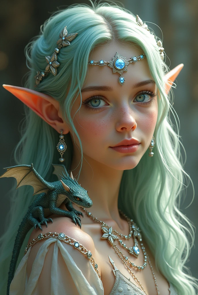 thumbnail, portrait, there is an elf woman of the maormer race with a snake and a snake on her chest, very beautiful elven top model, her skin is bluish and greenish,, her eyes are whitish, closeup costume with water magic, digital fantasy art, hyperrealistic fantasy art, blue skin elf, realistic fantasy illustration, trend digital fantasy art, detailed fantasy digital art, very cute elf portrait, realistic costume rendering, blue elf, fantasy digital art