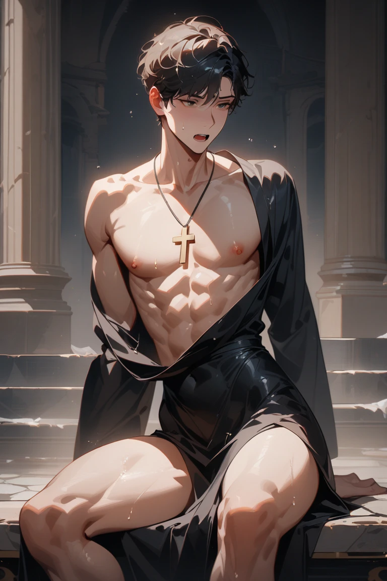 high quality, detailed, Realistic, (19 years old japanese idol slave boy), (detailed black eyes), (black short hair), (abs:1.5), (shiny skin), (leather bondage), dungeon, harness, (leather tiny thongs), (bulge:1.2), candle, (detailed nipples), detailed areola, laying,