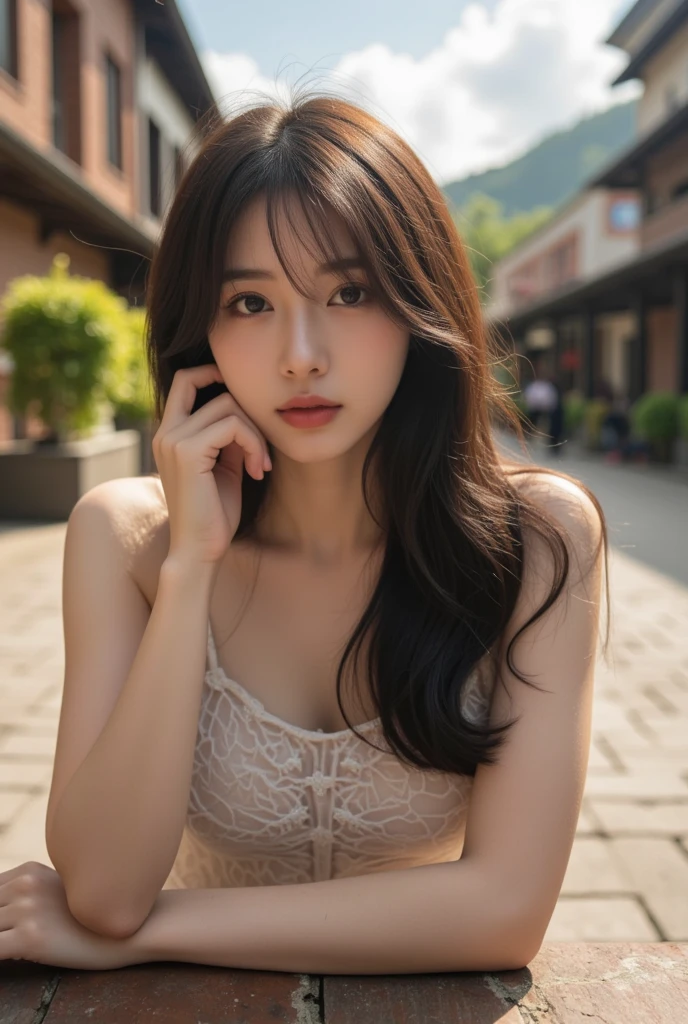 1girl, beautiful russian woman, light brown hair, clear skin, narrow waist, masterpiece SLR photo, attention to detail, perfect proportions, soft-looking bust with cleavage, (best quality,4k,8k,highres,masterpiece:1.2),ultra-detailed,(realistic,photorealistic,photo-realistic:1.37),portraits,cinematic lighting,(intricate details:1.2),(vivid colors:1.2),(natural skin texture:1.1),(elegant pose:1.1),(serene expression:1.1),(soft focus background:1.1),(rough long hairstyle:1.2),aquarium,sexy clothes