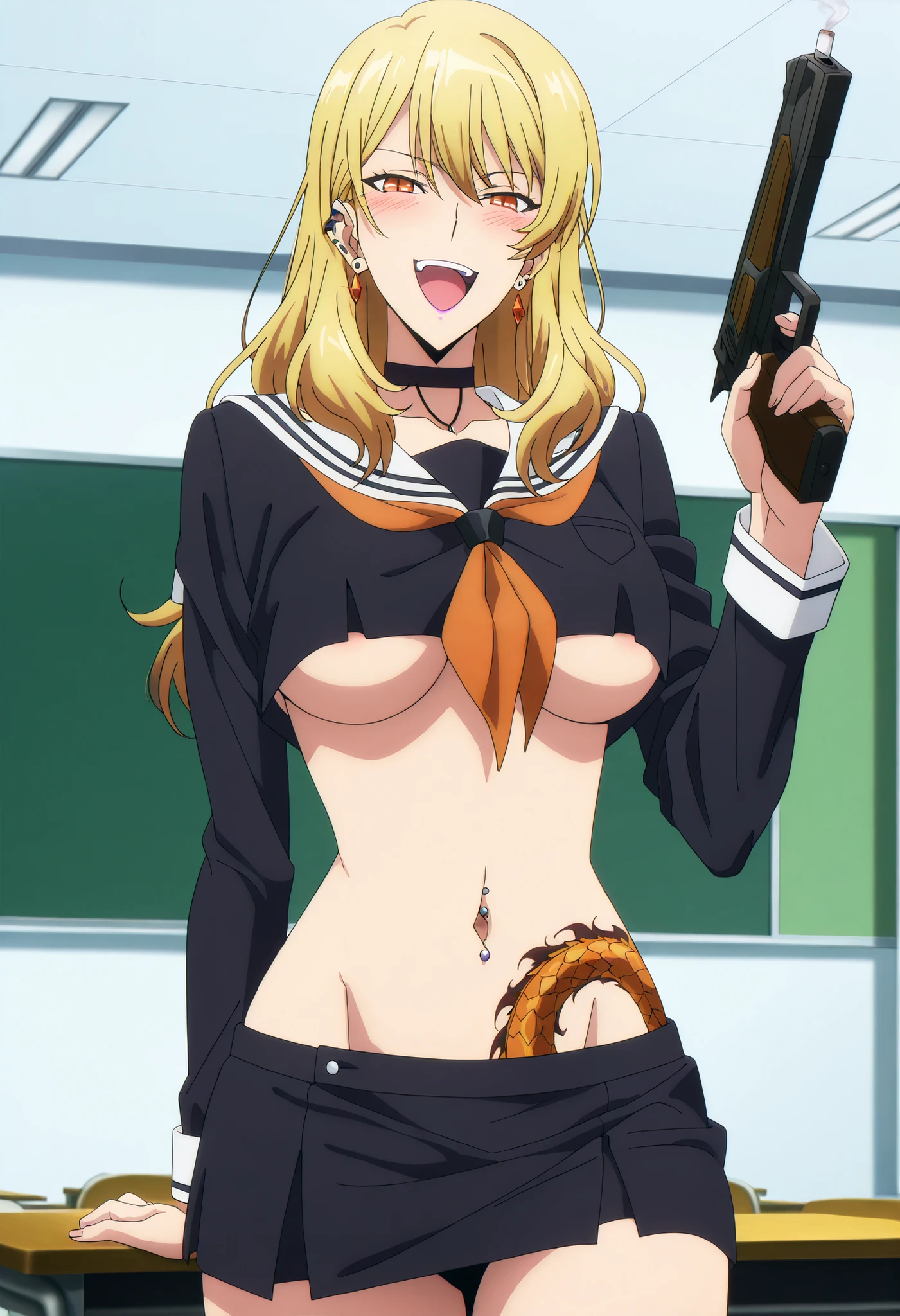 score_6_up, score_5_up, score_4_up, score_9, score_8_up, score_7_up, highly detailed, anime_source, anime_screencap, anime coloring, 1girl, solo, breasts, looking at viewer, smile, blonde hair, jewelry, earrings, choker, medium hair, orange eyes, black choker, gina_solo, ear piercing, long hair, blush, lipstick,Hot girl, baddie, smoking, sensual, attractive, medium breast, masterpiece, best quality, highly detailed, a girls in sailor uniforms with a gun posing for a picture, evil
smile, smile, open mouth,black_serafuku, (nsfw) not safe for work, ecchi style, high school girls, holding
a gun, hold a gun, micro skirt, exposed belly, exposed navel, exposed midriff, holding pistol,underboob,
exposed lower belly,school, classroom, navel piercing,, dragon tattoo on waist, narrowed eyes,
tattoo on waist,, anipai_style , anime screencap , anime coloring