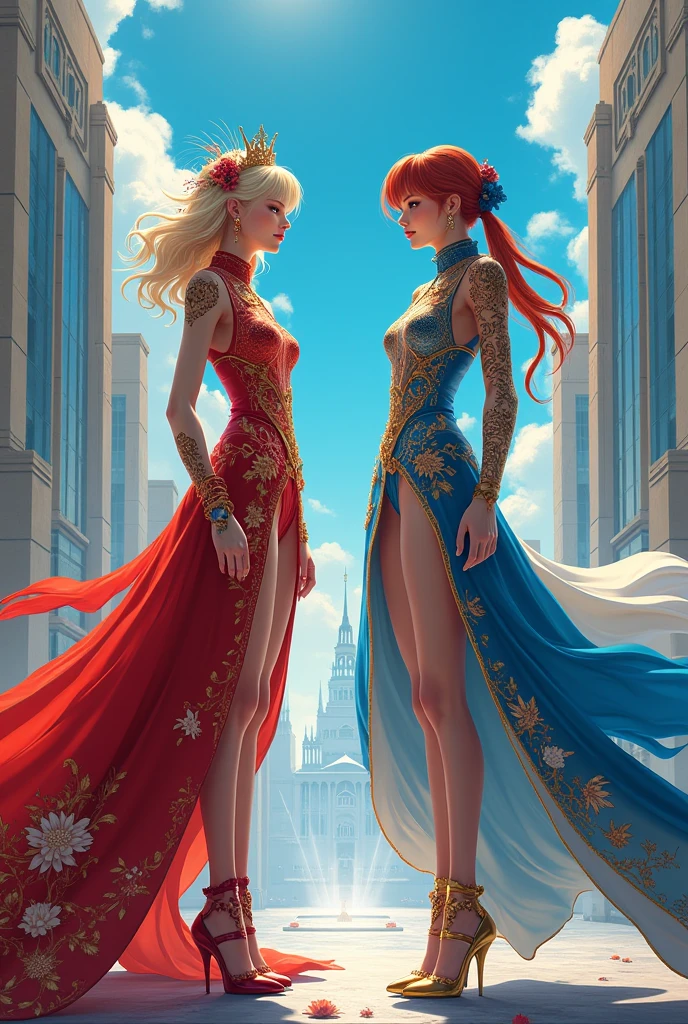 (Best Quality, Masterpiece), two characters, a man and a woman, blonde and a handsome man, black skirt, red embellishment, man in white, smiling, relaxing, dancing pose, elegant, particles, wind, flowers, close-up, with gear elements, background is modern times --v 6