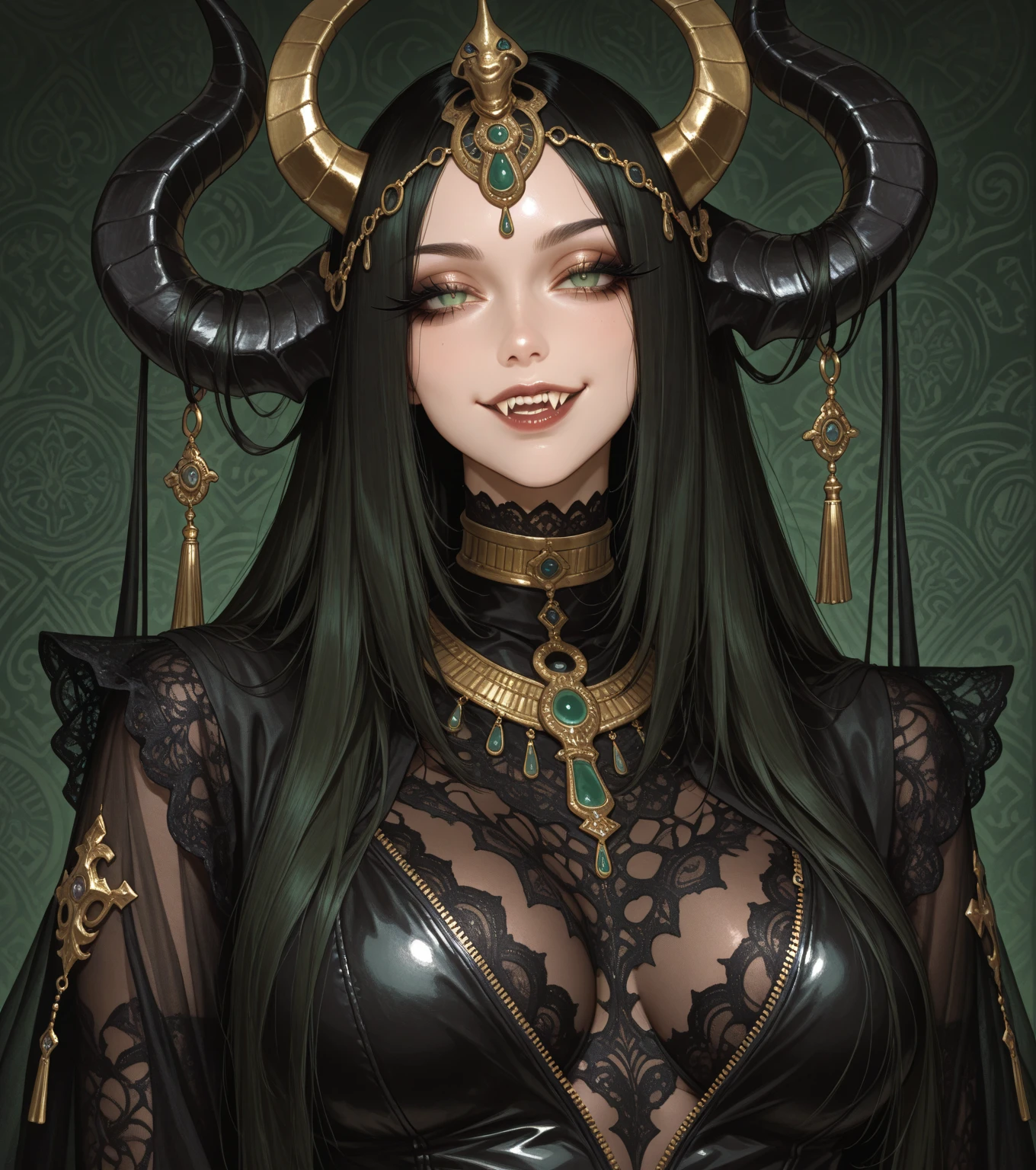 Woman tiefling with (gold eyes:1.2), (tall and mischievous:1.2), (grey skin:1.2), (big perfect breasts:1.2), (long black emo hair:1.2), (horns:1.2), (black intricate ornate lingerie:1.2), (exposed navel:1.3), (in a medieval castle:1.2), (doing a sexy pose:1.2), (dynamic lighting:1.2), (centered in frame), (highly detailed:1.3), 8k wallpaper, (detailed face and eyes:1.4).