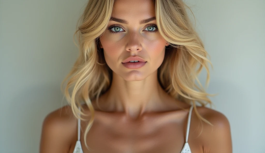 A beautiful woman, blonde hair gently falling down to her shoulders, Average height, she has big breasts, big brown eyes, Fair skin, She wears a sexy white tank top, surreal face, gorgeous, attractive, pretty, Cute, feminine, perfect face. (High detail skin:1.2), 8k uh, DSLR, soft light, High quality, film grain, Fujifilm XT3, (shot setting:1.5), perfect hand. Shallow depth of field, vignette, high detail, high budget, blur effect, cinema scope, mood, epic, gorgeous, film grain, grainy, ultra realistic, r3al photo, perfect eyes, more saturated, inst4 style, flawless, (Face close-up photo). absolute cleavage. looking at the camera with charm