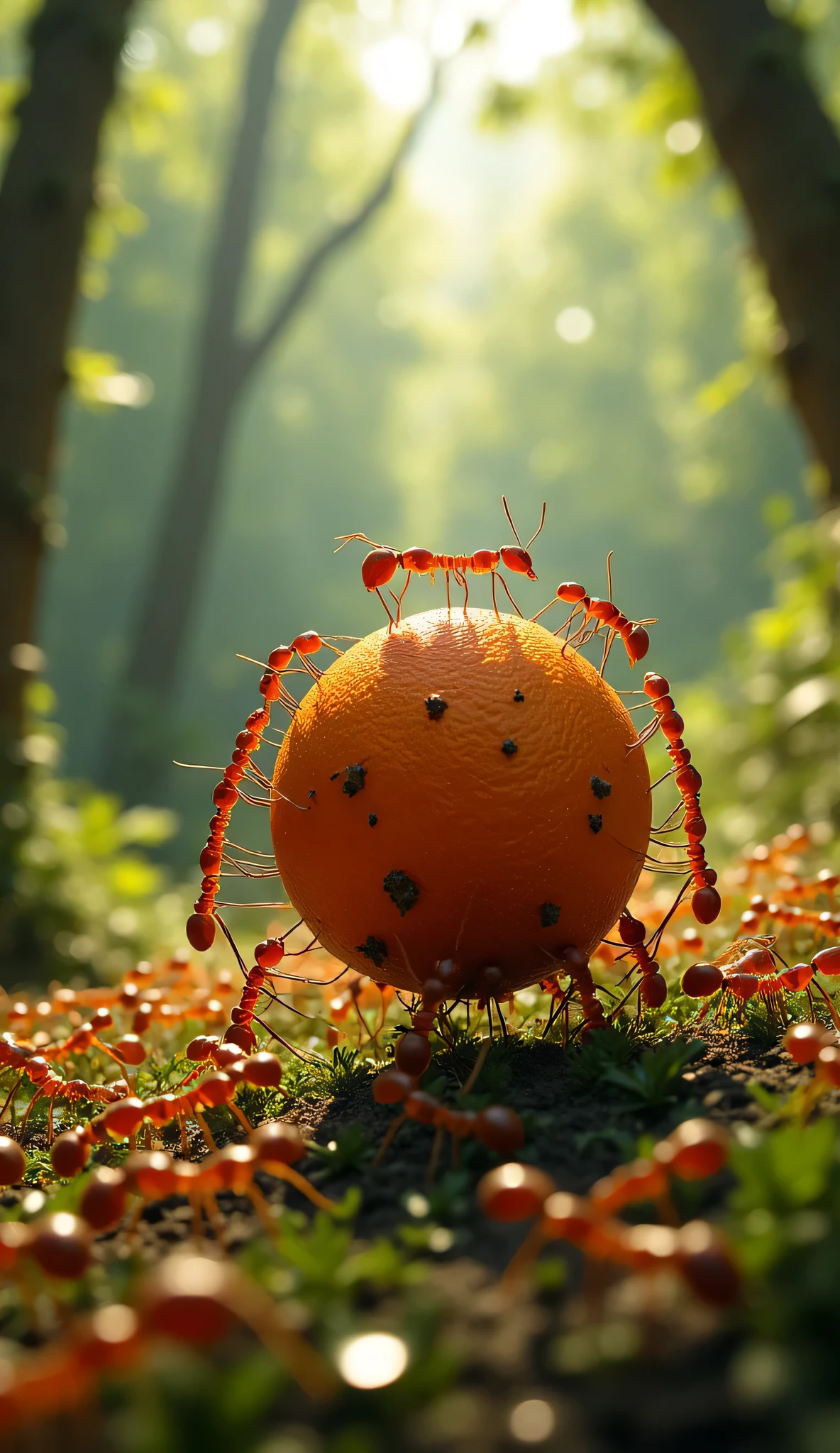 giant ladybug red color as anthills with some flower and fire ants,imagine,eesthetic