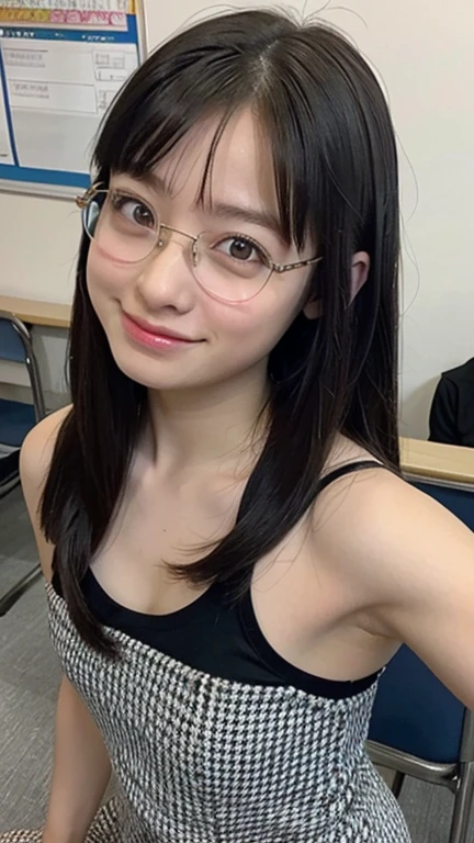overtake高解像度, (Realistic: 1.4), （On the front）RAW Photos, 最high quality, (Photorealisticistic), ((small breasts)) ((18-year-old)), (White sports bra),((Glasses)), (front)(((Young Face))), (Written boundary depth), ((nipples visible through clothes))masterpiece, (Photorealistic), woman, bangs, 4K、overtake高画質、bangsぱっつん、Long black hair、Japanese style floral pattern:1.5、Expressionless:1.4、Slim and beautiful body、Beautiful breasts、Laughter、Whole Body Ezbian:1.2.Beautiful Skin, Blurred Background，Masterpieces，high quality，4K resolution，overtake