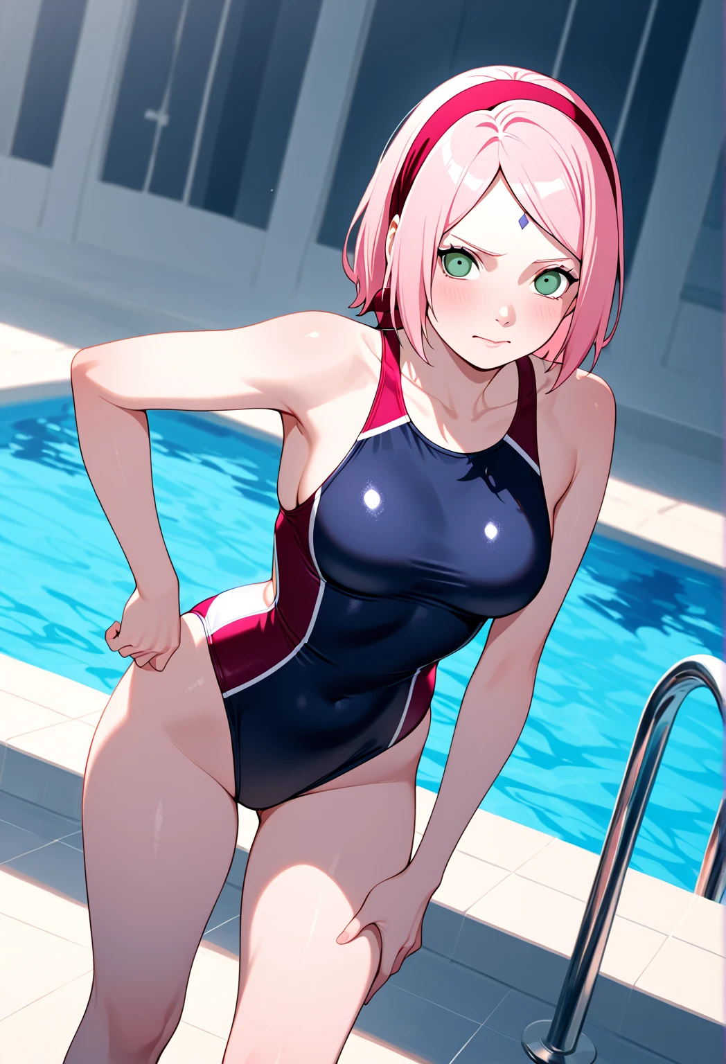 masterpiece, absurdres, 1girl, Model of Calvin Klein Brand. Hinata\(shippuden\), floating hair, wind. masterpiece, absurdres , (intricate details), (colorful),cinematic lighting,bust shot,extremely detailed CG unity 8k wallpaper 1girl, solo, High Waist Swimsuit, High waist bottom like shorts. Swimming Pool Background. Feet inside water. Peoples are staring at Hinata for being so Attractive looking. athletic Abs detailed, biceps triceps pumped up, body sweat glow, sweat on her body, Slutty Wide hips, Attractive curvy butt. Heart shaped Lips, Painted Lips shine. detailed eyes, blushed, Adorable Facial, looking at viewer, Posing as a Pro Model.