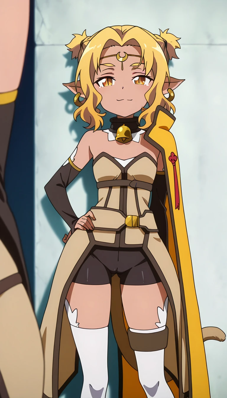 ALICIA, BLONDE HAIR, ANIMAL EARS, POINTY EARS, YELLOW EYES, BELL, THIGHHIGHS, JEWELRY, TAIL, EARRINGS, CAT EARS, SHORT HAIR, CAPE, DARK SKIN, CAT TAIL, NECK BELL, DARK-SKINNED FEMALE, UNDERWEAR, DETACHED SLEEVES, WHITE THIGHHIGHS, GLOVES, ELBOW GLOVES, WHITE PANTIES, PANTIES, BOOTS, 1girl, solo, facing viewer, looking at viewer, upper body, smile
