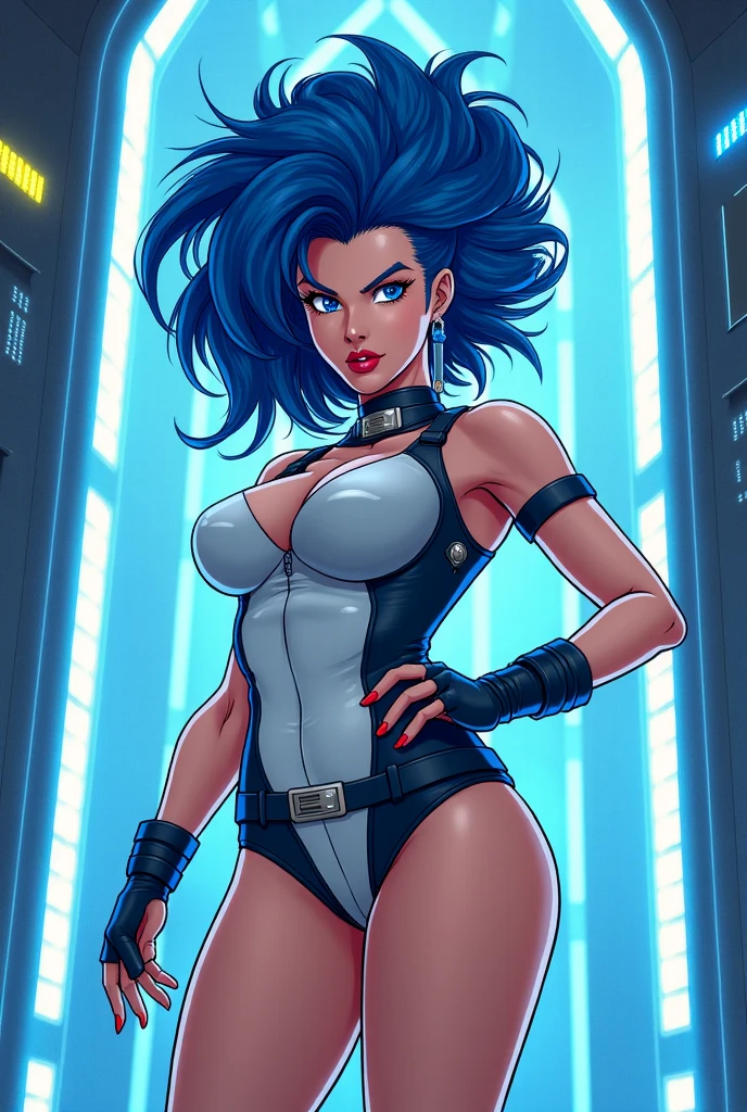 bimbo, thigh high platform boots, hoop earrings, slutty, perfect fake boobs, round boobs, tattoos, heavy makeup, choker, latex outfit, liara T'soni, mass effect, asari