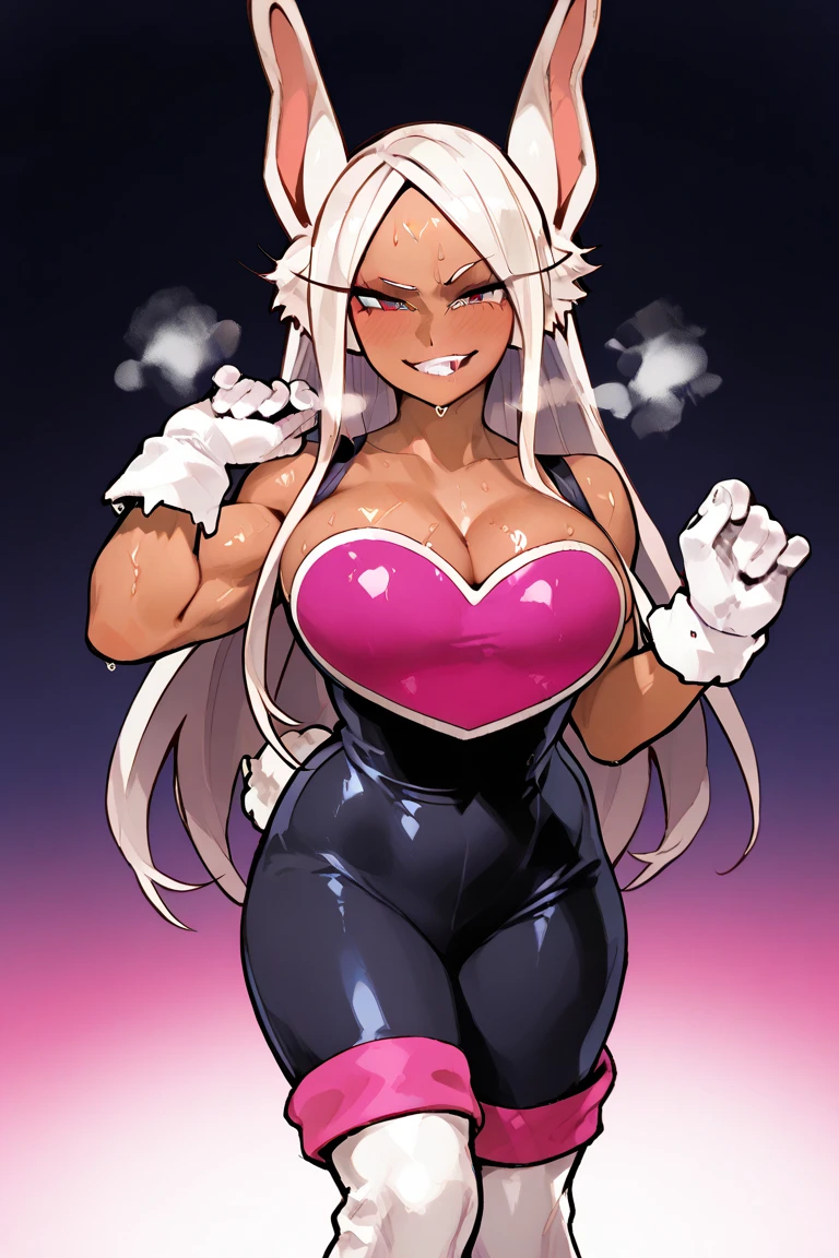 highres, masterpiece, BnhaMirko, mirko, 1girl, dark_skin, rabbit_girl, leotard, fur collar, gloves, kneehighs, smile, long_eyelashes, lines, shaking, sky, red_eyes,night time,old city,neon lights ,naked,free the nipple,show tits,show