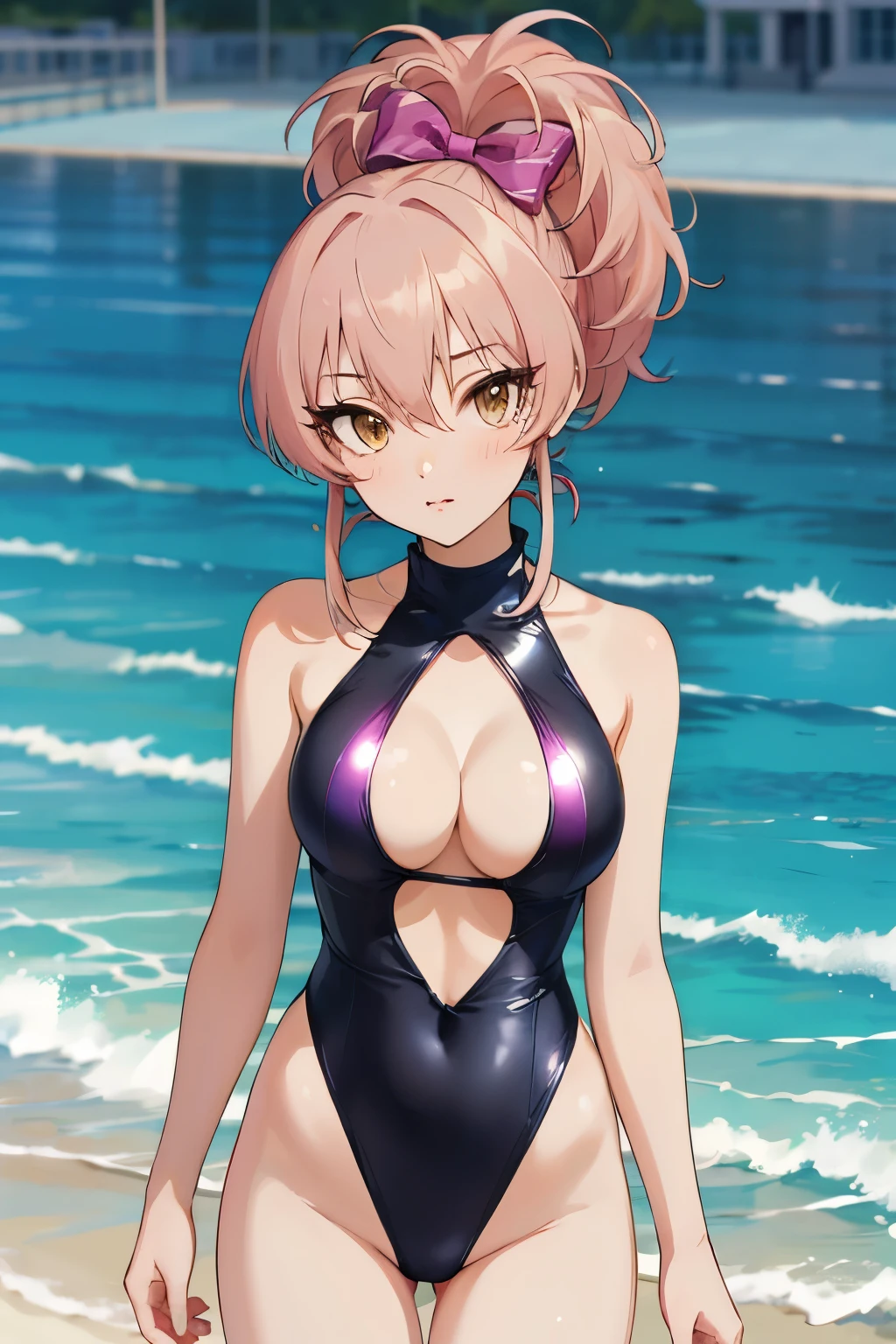 (masterpiece, best quality:1.2), (((anime style))), 2d, solo, 1girl, aamika, ponytail, hair bow, (delicate eyes and face), bashful, medium breasts, looking at viewer, (full-face blush), embarrassed, BREAK, cowboy shot and knee, Slender beauty, white competition swimsuit, nice hands, perfect hands, Recurve the body, wriggling the body, Wet texture, reinopool, pool, indoors,