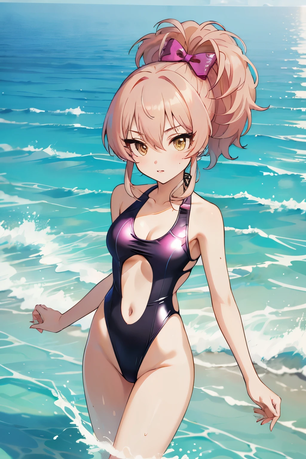 Photo of okita souji, ahoge, pink hair, hair between eyes, hair bow, short hair, yellow eyes, asymmetrical sleeves, bikini, black bikini, black scarf, black sleeves, detached sleeves, multi-strapped bikini, navel, scarf, swimsuit, uneven sleeves, on a sunny beach, (light skin), (sweating) ,(beautiful scenery),(perfect face), masterpiece, blush, 1girl, solo, full body, MILF, beautifully drawn eyes, perfect eyes, perfect lighting, playing in the water