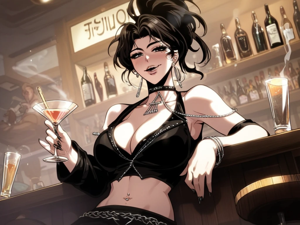 At a bar, dim lighting, focus on a woman. She is tall, beautiful, mature, with long, dark, luscious hair. Brown eyes, black eye liner and red lipstick, very minimal makeup. She is leaning against the bar counter with her arms crossed, looking at POV with a faint smile. She has an intimidating face, yet it is absolutely entrancing. She is wearing a black fuzzy jacket and a black low cut dress, subtly revealing her curvy body.