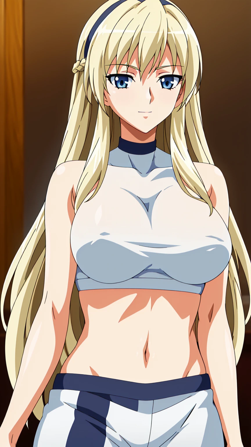Simple White Background, at attention,
navel,halterneck,crop top,bare shoulders,
bangs,blonde hair,hair between eyes, hairband, long hair,Blue_Eyes,
1 girl, 20yo,Young female,Beautiful Finger,Beautiful long legs,Beautiful body,Beautiful Nose,Beautiful character design, perfect eyes, perfect face,expressive eyes,perfect balance,
looking at viewer,(Focus on her face),closed mouth, (innocent_big_eyes:1.0),Light_Smile,
official art,extremely detailed CG unity 8k wallpaper, perfect lighting,Colorful, Bright_Front_face_Lighting,shiny skin,
(masterpiece:1.0),(best_quality:1.0), ultra high res,4K,ultra-detailed,
photography, 8K, HDR, highres, absurdres:1.2, Kodak portra 400, film grain, blurry background, bokeh:1.2, lens flare, (vibrant_color:1.2),professional photograph,
(Beautiful,large_Breasts:1.4), (beautiful_face:1.5),(narrow_waist), shorts, thongs